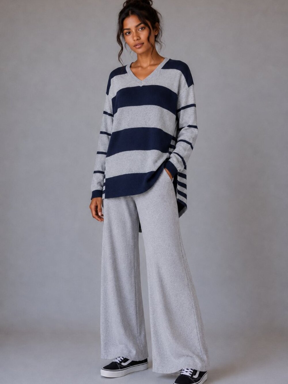 Wool Blend Baci Di Zucchero V-Neck Stripe Sweater W/ S/M Navy Grey Tunic LN/NWOT